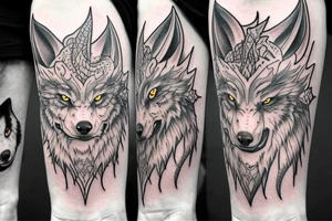 wolf with yellow eyes and a white dragon with red eyes tattoo idea