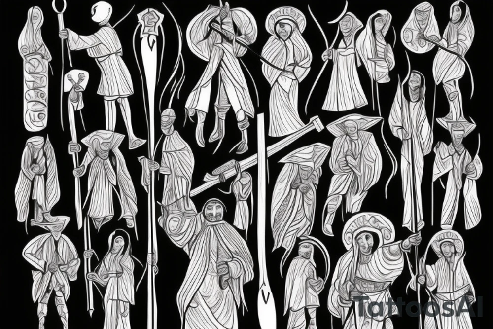a tall men full body carring a shepherds staff carried like a pastor. tattoo idea
