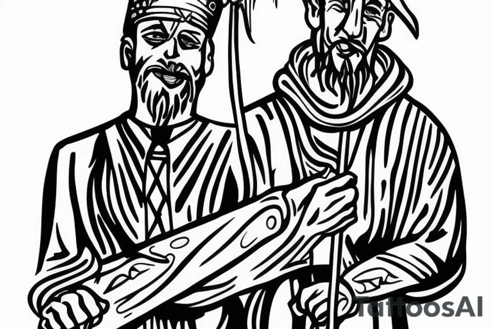 a tall men full body carring a shepherds staff carried like a pastor. tattoo idea