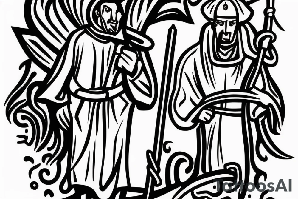 a tall men full body carring a shepherds staff carried like a pastor. tattoo idea