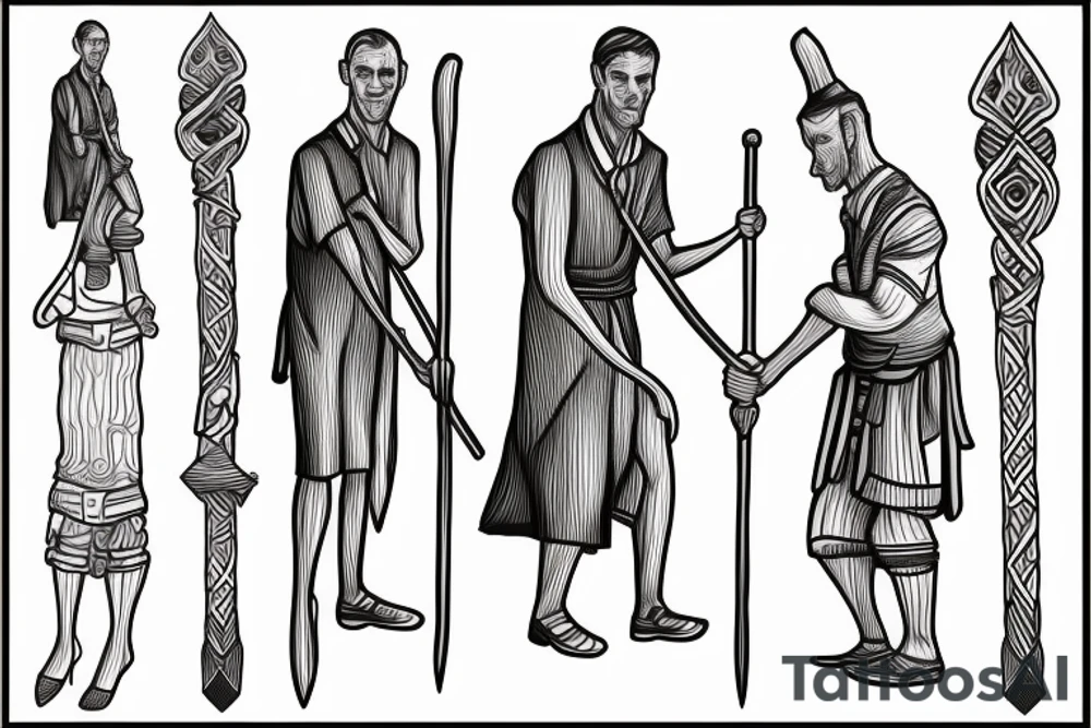 a tall man full body carrying a shepherd's staff carried like a pastor, as realistic as possible, thin lines. tattoo idea