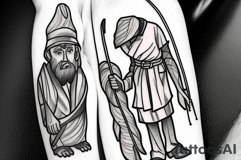 a tall man full body carrying a shepherd's staff carried like a pastor, as realistic as possible, thin lines. tattoo idea
