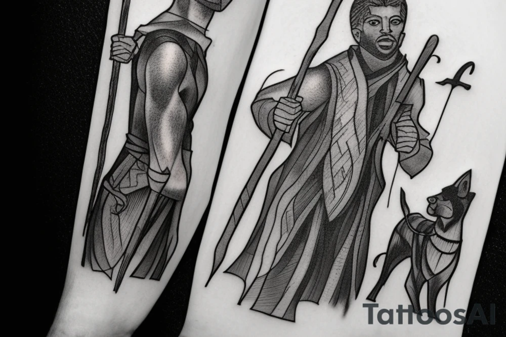 a tall man full body carrying a shepherd's staff carried like a pastor, as realistic as possible, thin lines.
A black panther carrying a shepherd's staff carried like a pastoras realistic as possible, thin lines. tattoo idea
