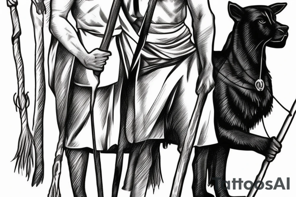 a tall man full body carrying a shepherd's staff carried like a pastor, as realistic as possible, thin lines.
A black panther carrying a shepherd's staff carried like a pastoras realistic as possible, thin lines. tattoo idea