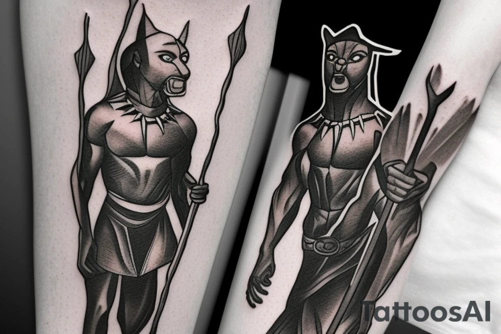 a thing tall man walking and showing full body from the feet to head carrying a shepherd's staff carried like a pastor, as realistic as possible, thin lines.
A black panther carrying a shepherd's staff carried like a pastoras realistic as possible, thin lines. tattoo idea