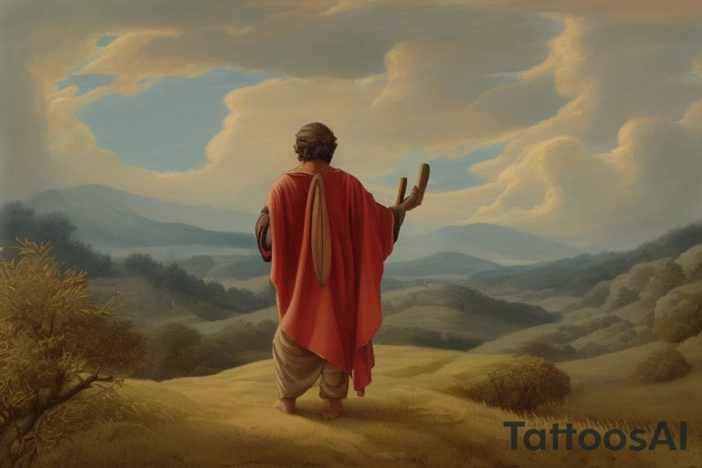 The shepherd is standing and walking away from the viewer, facing the horizon. He is holding a simple wooden crook in his right hand, and his left hand is resting on his hip. He is wearing a long tunic and sandals, and his hair is long and flowing. The background is a simple landscape of rolling hills and trees.

The tattoo could be done in a variety of styles, but I think a minimalist style would work well. The shepherd could be rendered in black and white, with simple lines and shapes. The crook could be a simple, stylized branch. The background could be a few simple strokes of green and brown. tattoo idea