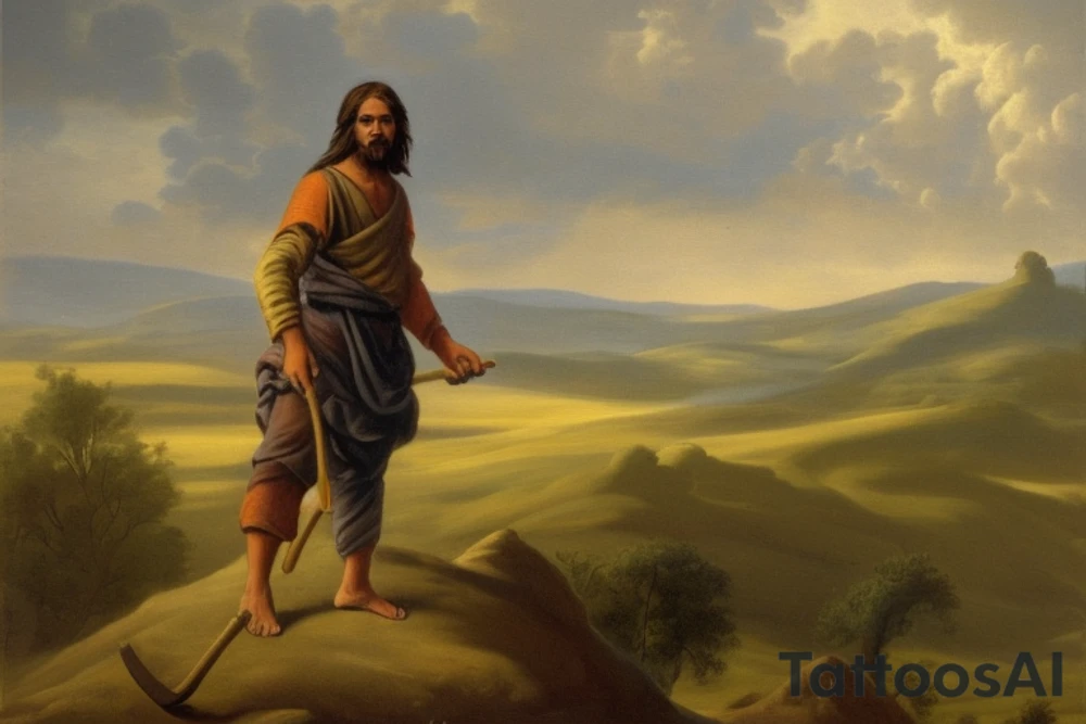 The shepherd is standing and walking away from the viewer, facing the horizon. He is holding a simple wooden crook in his right hand, and his left hand is resting on his hip. He is wearing a long tunic and sandals, and his hair is long and flowing. The background is a simple landscape of rolling hills and trees.

The tattoo could be done in a variety of styles, but I think a minimalist style would work well. The shepherd could be rendered in black and white, with simple lines and shapes. The crook could be a simple, stylized branch. The background could be a few simple strokes of green and brown. tattoo idea