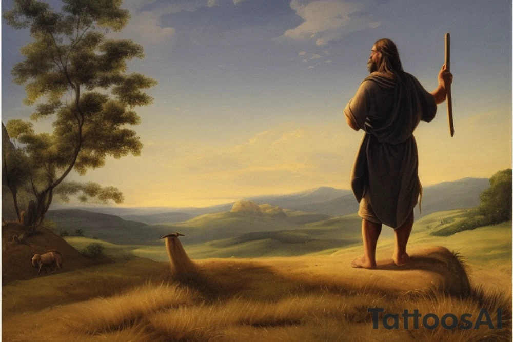 The shepherd is standing and walking away from the viewer, facing the horizon. He is holding a simple wooden crook in his right hand, and his left hand is resting on his hip. He is wearing a long tunic and sandals, and his hair is long and flowing. The background is a simple landscape of rolling hills and trees.

The tattoo could be done in a variety of styles, but I think a minimalist style would work well. The shepherd could be rendered in black and white, with simple lines and shapes. The crook could be a simple, stylized branch. The background could be a few simple strokes of green and brown. tattoo idea
