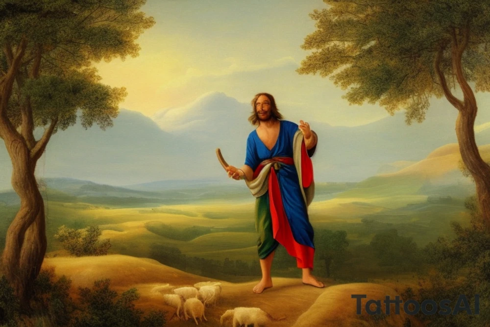 The shepherd is standing and walking away from the viewer, facing the horizon. He is holding a simple wooden crook in his right hand, and his left hand is resting on his hip. He is wearing a long tunic and sandals, and his hair is long and flowing. The background is a simple landscape of rolling hills and trees.

The tattoo could be done in a variety of styles, but I think a minimalist style would work well. The shepherd could be rendered in black and white, with simple lines and shapes. The crook could be a simple, stylized branch. The background could be a few simple strokes of green and brown. tattoo idea