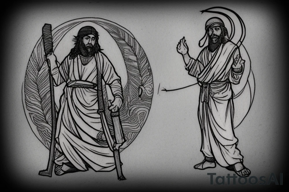 The shepherd is standing and walking away from the viewer, facing the horizon. He is holding a simple wooden crook in his right hand, and his left hand is resting on his hip. He is wearing a long tunic and sandals, and his hair is long and flowing. tattoo idea