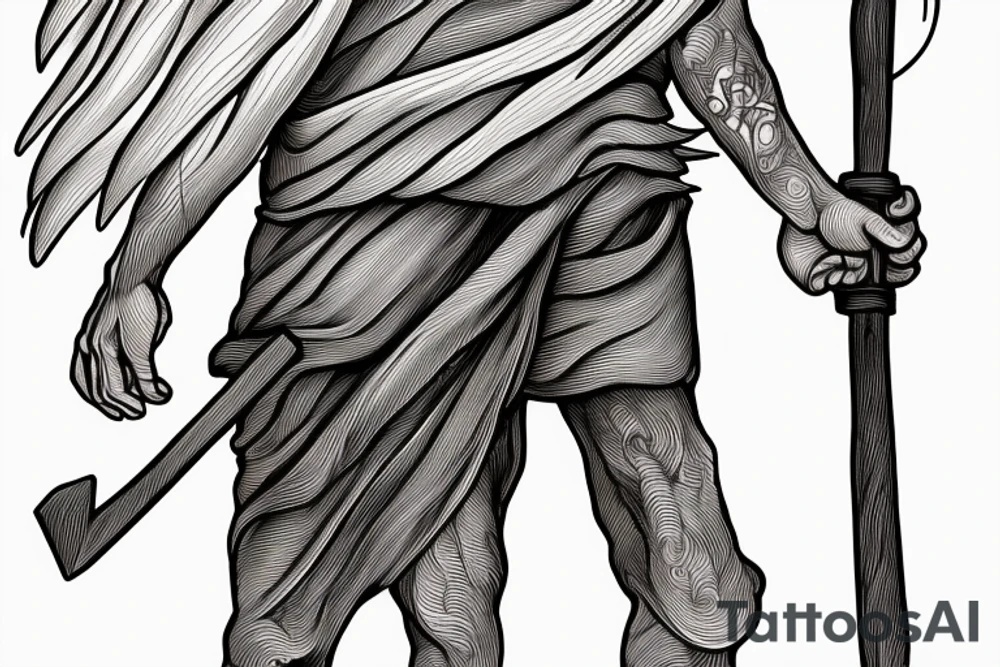 The shepherd is standing and walking away from the viewer, facing the horizon. He is holding a simple wooden crook in his right hand, and his left hand is resting on his hip. He is wearing a long tunic and sandals, and his hair is long and flowing. tattoo idea