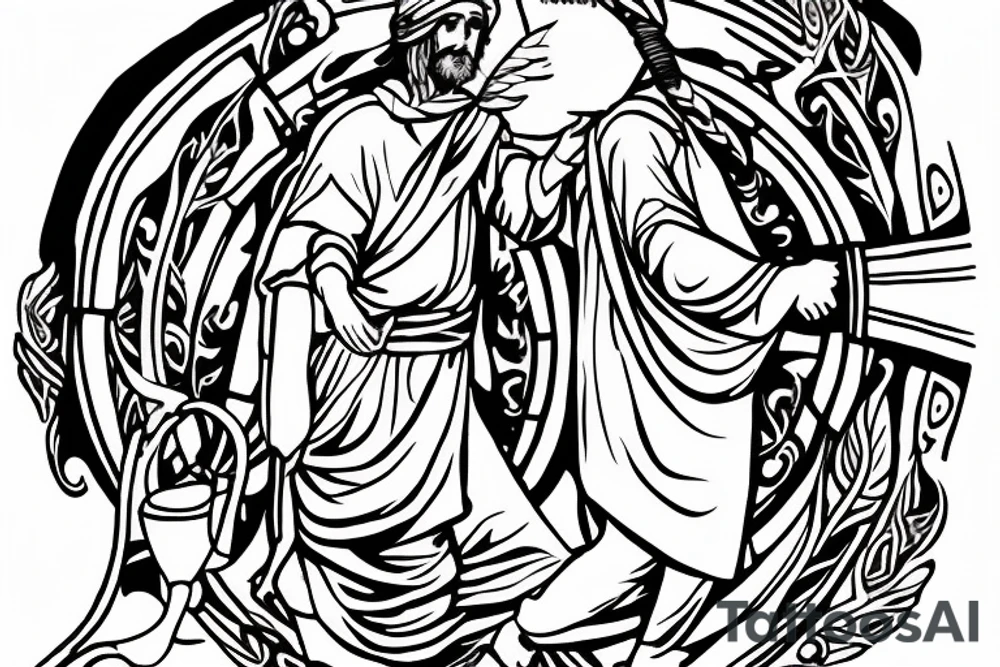 The shepherd is standing and walking away from the viewer, facing the horizon. He is holding a simple wooden crook in his right hand, and his left hand is resting on his hip. He is wearing a long tunic and sandals, and his hair is long and flowing. tattoo idea