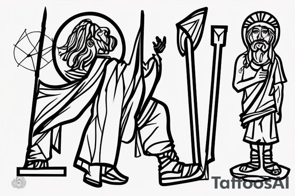 The shepherd is standing and walking away from the viewer, facing the horizon. He is holding a simple wooden crook in his right hand, and his left hand is resting on his hip. He is wearing a long tunic and sandals, and his hair is long and flowing. tattoo idea