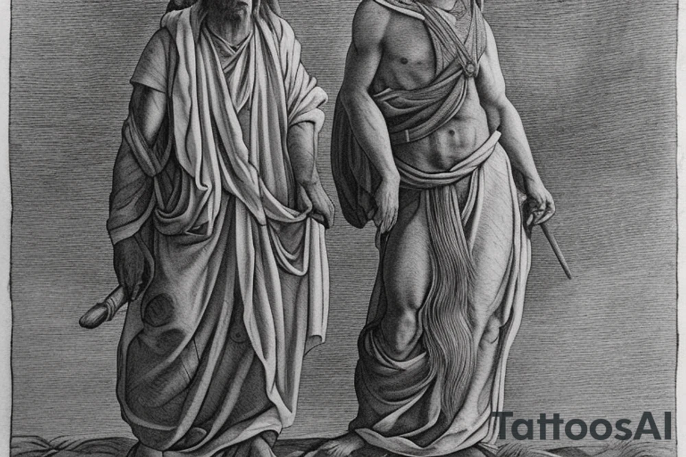 The shepherd is standing and walking away from the viewer, facing the horizon. He is holding a simple wooden crook in his right hand, and his left hand is resting on his hip. He is wearing a long tunic and sandals, and his hair is long and flowing. The tattoo could be done in a variety of styles, but I think a minimalist style would work well. The shepherd could be rendered in black and white, with simple lines and shapes. The crook could be a simple, stylized branch. tattoo idea