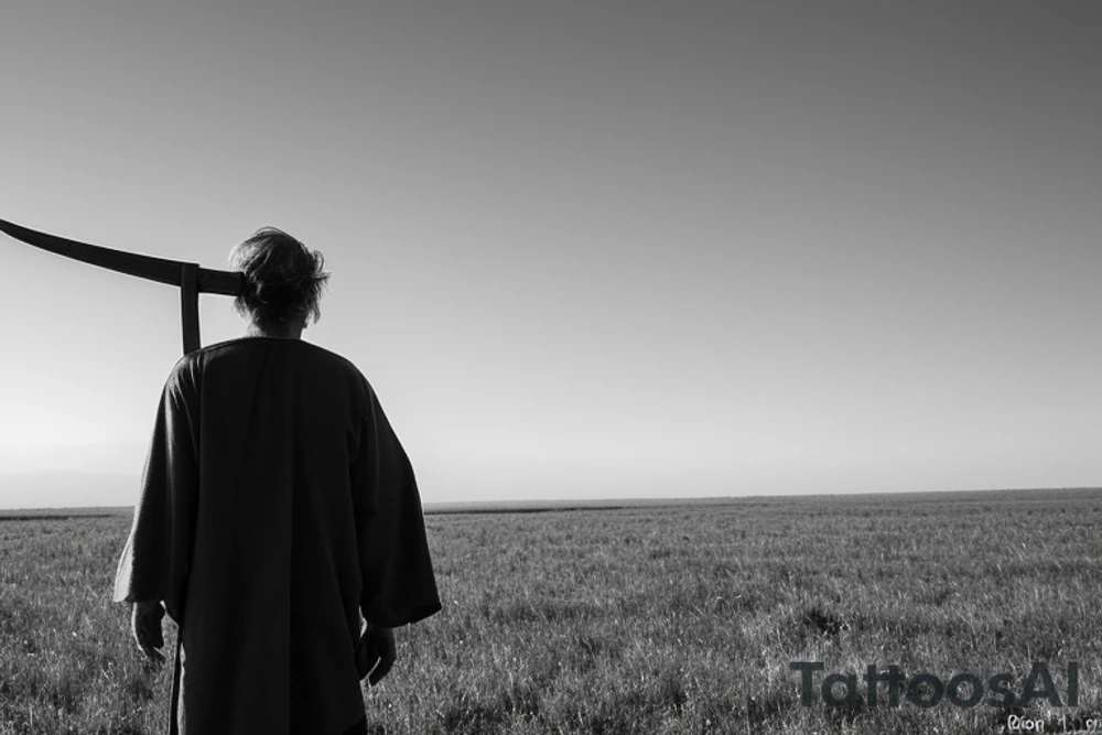 The shepherd is standing and walking away from the viewer, facing the horizon. He is holding a simple wooden crook in his right hand, and his left hand is resting on his hip. He is wearing a long tunic and sandals, and his hair is long and flowing. The tattoo could be done in a variety of styles, but I think a minimalist style would work well. The shepherd could be rendered in black and white, with simple lines and shapes. The crook could be a simple, stylized branch. tattoo idea