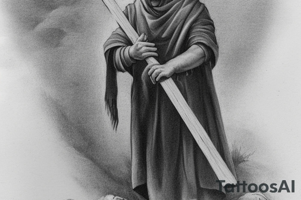 The shepherd is standing and walking away from the viewer, facing the horizon. He is holding a simple wooden crook in his right hand, and his left hand is resting on his hip. He is wearing a long tunic and sandals, and his hair is long and flowing. The tattoo could be done in a variety of styles, but I think a minimalist style would work well. The shepherd could be rendered in black and white, with simple lines and shapes. The crook could be a simple, stylized branch. tattoo idea