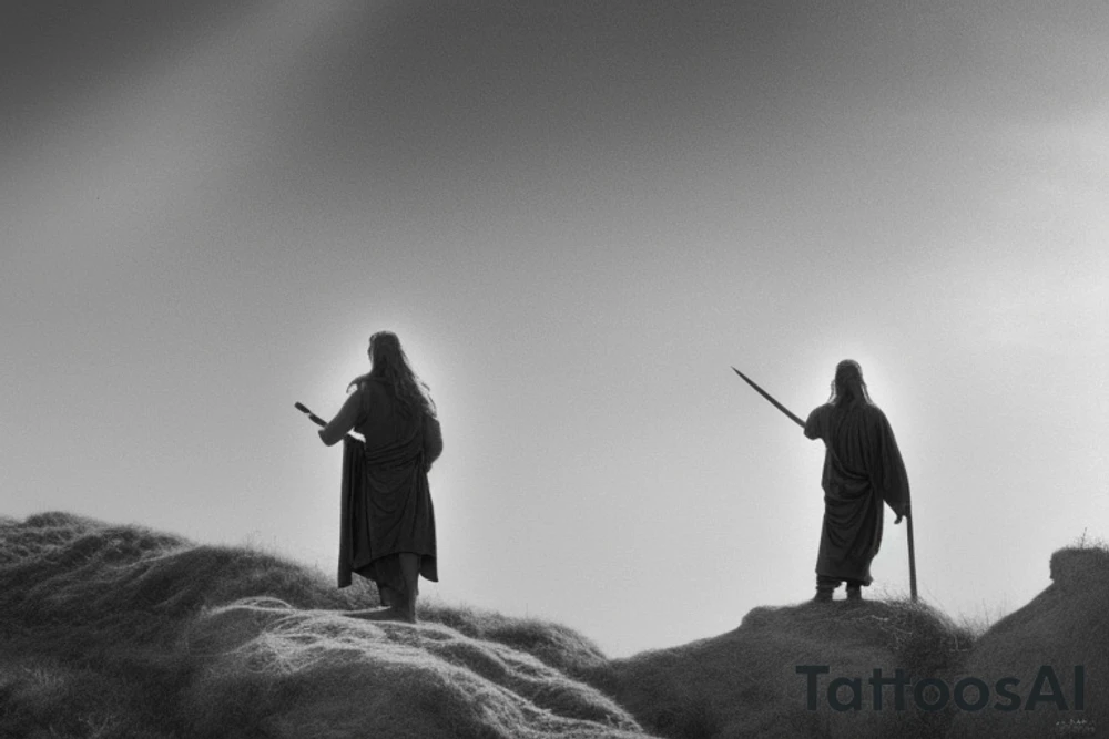 The shepherd is standing and walking away from the viewer, facing the horizon. He is holding a simple wooden crook in his right hand, and his left hand is resting on his hip. He is wearing a long tunic and sandals, and his hair is long and flowing. The tattoo could be done in a variety of styles, but I think a minimalist style would work well. The shepherd could be rendered in black and white, with simple lines and shapes. The crook could be a simple, stylized branch. tattoo idea