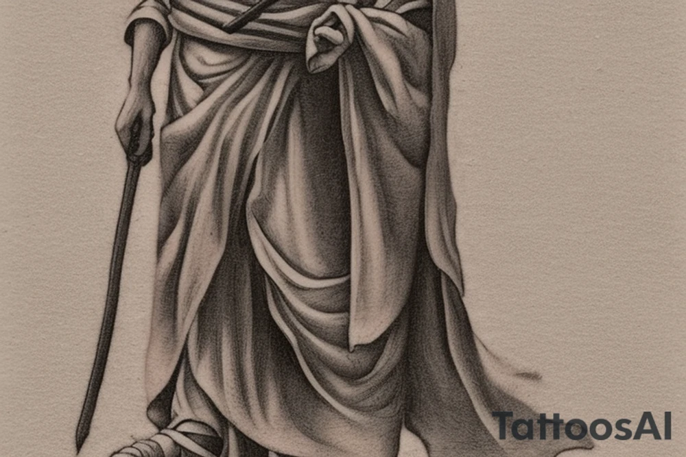 The shepherd is standing and walking away from the viewer, facing the horizon. He is holding a simple wooden crook in his right hand, and his left hand is resting on his hip. He is wearing a long tunic and sandals, and his hair is long and flowing. The tattoo could be done in a variety of styles, but I think a minimalist style would work well. The shepherd could be rendered in black and white, with simple lines and shapes. The crook could be a simple, stylized branch. tattoo idea