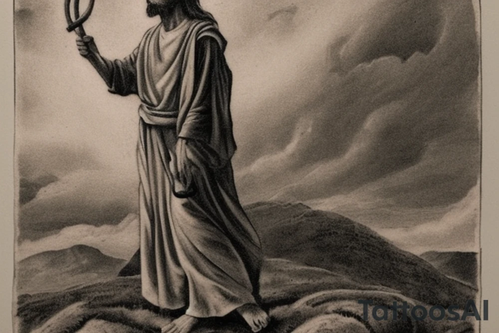 The shepherd is standing and walking away from the viewer, facing the horizon. He is holding a simple wooden crook in his right hand, and his left hand is resting on his hip. He is wearing a long tunic and sandals, and his hair is long and flowing. The tattoo could be done in a variety of styles, but I think a minimalist style would work well. The shepherd could be rendered in black and white, with simple lines and shapes. The crook could be a simple, stylized branch. tattoo idea