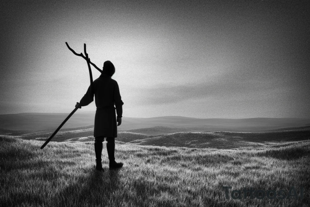 The shepherd is standing and walking away from the viewer, facing the horizon. He is holding a simple wooden crook in his right hand, and his left hand is resting on his hip.  A very a minimalist style would work well. The shepherd could be rendered in black and white, with simple lines and shapes. The crook could be a simple, stylized branch. tattoo idea