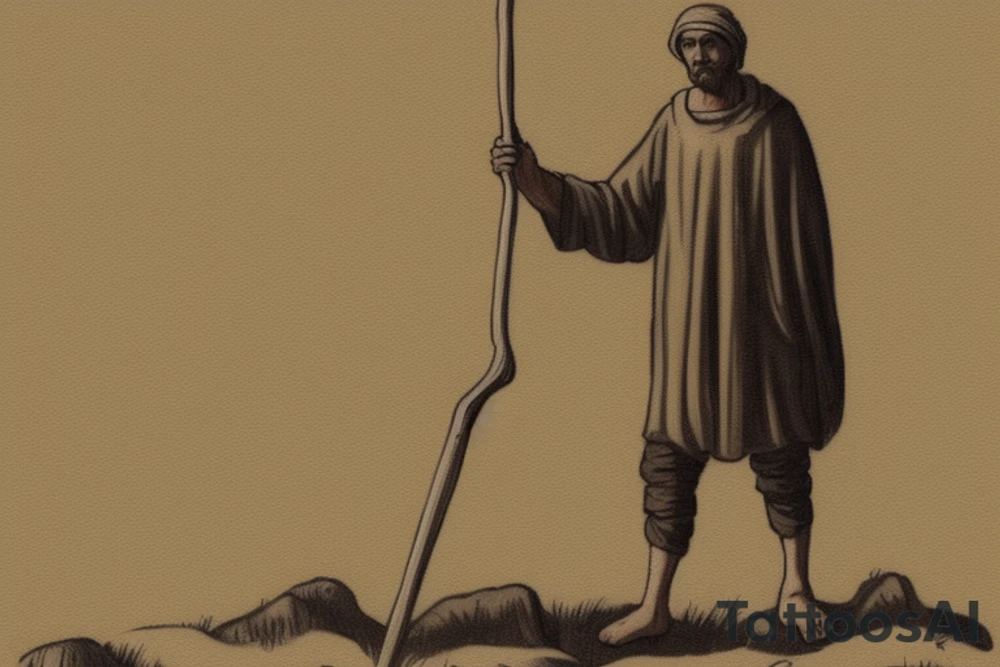 The shepherd is standing and walking away from the viewer, facing the horizon. He is holding a simple wooden crook in his right hand, and his left hand is resting on his hip.  A very a minimalist style would work well. The shepherd could be rendered in black and white, with simple lines and shapes. The crook could be a simple, stylized branch. tattoo idea