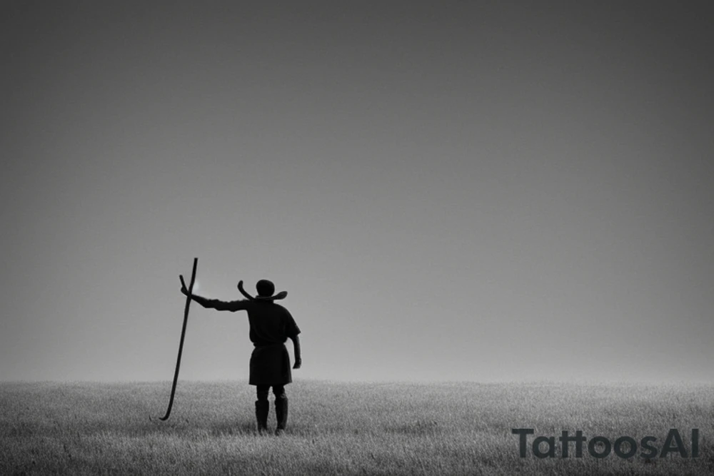 The shepherd is standing and walking away from the viewer, facing the horizon. He is holding a simple wooden crook in his right hand, and his left hand is resting on his hip.  A very a minimalist style would work well. The shepherd could be rendered in black and white, with simple lines and shapes. The crook could be a simple, stylized branch. tattoo idea