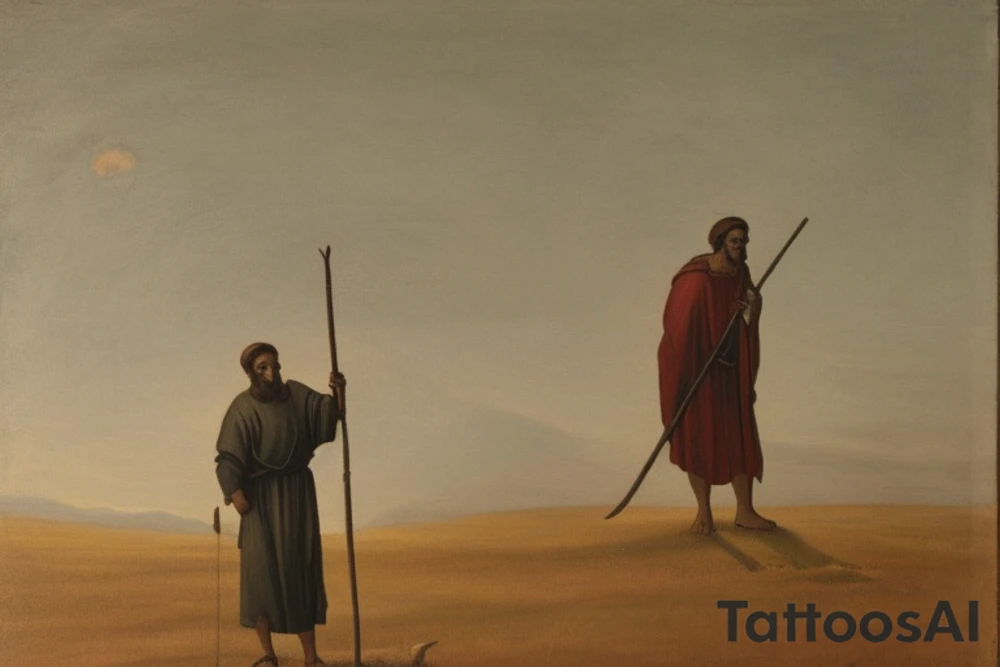 The shepherd is standing and walking away from the viewer, facing the horizon. He is holding a simple wooden crook in his right hand, and his left hand is resting on his hip.  A very a minimalist style would work well. The shepherd could be rendered in black and white, with simple lines and shapes. The crook could be a simple, stylized branch. tattoo idea