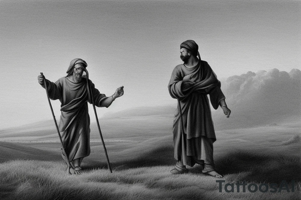 The shepherd is standing and walking away from the viewer, facing the horizon. He is holding a simple wooden crook in his right hand, and his left hand is resting on his hip.  A very a minimalist style would work well. The shepherd could be rendered in black and white, with simple lines and shapes. The crook could be a simple, stylized branch.
Add a add a couple of sheeps to following the shepherd. tattoo idea