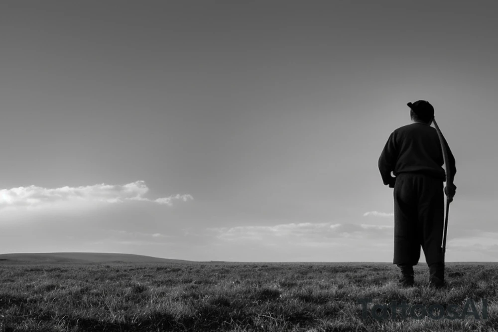 The shepherd is standing and walking away from the viewer, facing the horizon. He is holding a simple wooden crook in his right hand, and his left hand is resting on his hip.  A very a minimalist style would work well. The shepherd could be rendered in black and white, with simple lines and shapes. The crook could be a simple, stylized branch.
following the shepherd a couple of sheep tattoo idea