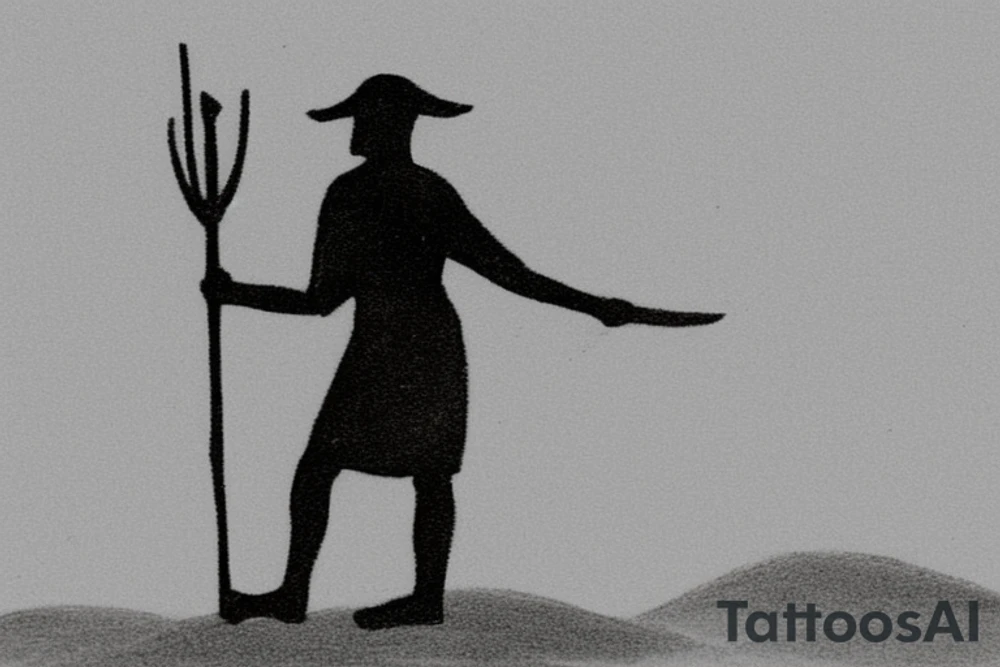 The shepherd is standing and walking away from the viewer, facing the horizon. He is holding a simple wooden crook in his right hand, and his left hand is resting on his hip.  A very a minimalist style would work well. The shepherd could be rendered in black and white, with simple lines and shapes. The crook could be a simple, stylized branch.
following the shepherd a couple of sheep tattoo idea