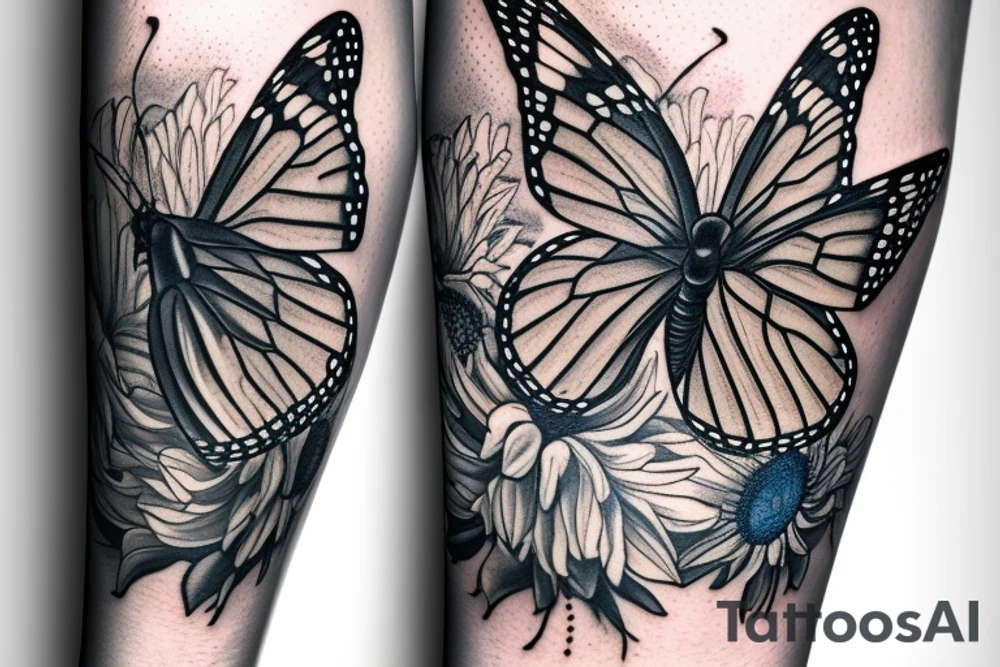 blue monarch butterfly landing near a sunflower located on a man's inner forearm tattoo idea