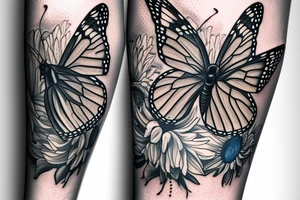 blue monarch butterfly landing near a sunflower located on a man's inner forearm tattoo idea