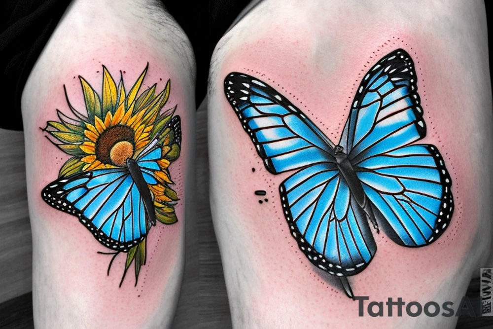 blue monarch butterfly landing near a sunflower located on a man's inner forearm tattoo idea