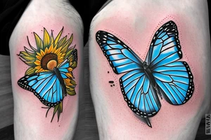 blue monarch butterfly landing near a sunflower located on a man's inner forearm tattoo idea