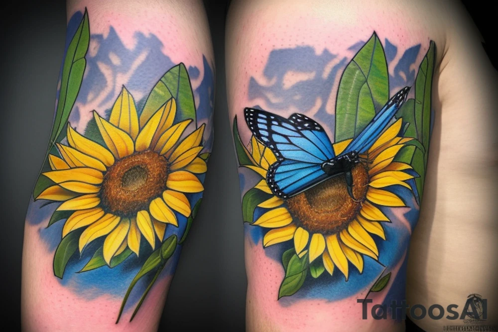 blue monarch butterfly landing near a sunflower located on a man's inner forearm tattoo idea