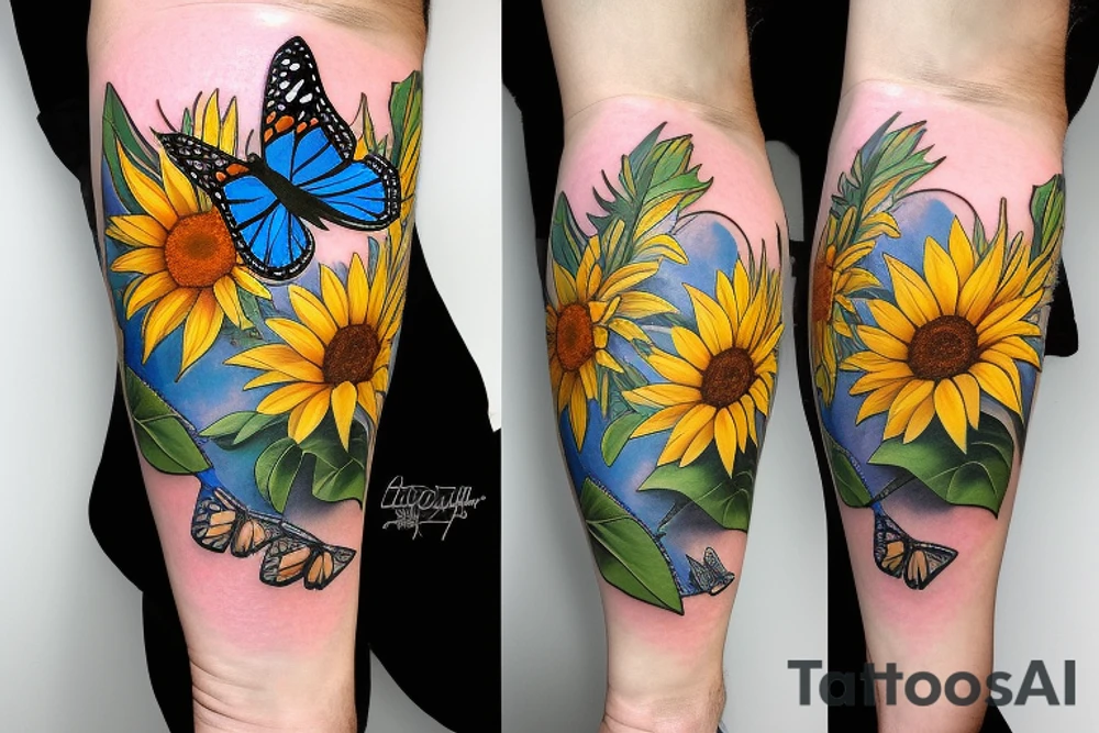 blue monarch butterfly landing near a sunflower located on a man's inner forearm tattoo idea