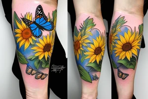 blue monarch butterfly landing near a sunflower located on a man's inner forearm tattoo idea