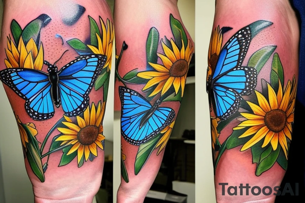 blue monarch butterfly landing near a sunflower located on a man's inner forearm. more masculine tattoo idea