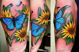 blue monarch butterfly landing near a sunflower located on a man's inner forearm. more masculine tattoo idea