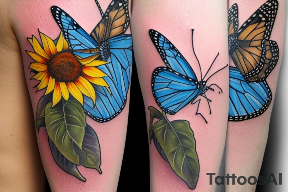 blue monarch butterfly landing near a sunflower located on a man's inner forearm. more masculine tattoo idea