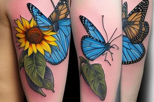 blue monarch butterfly landing near a sunflower located on a man's inner forearm. more masculine tattoo idea