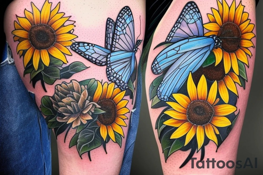 blue monarch butterfly landing near a sunflower located on a man's inner forearm. + more masculine + colored sunflower with black and white butterfly tattoo idea