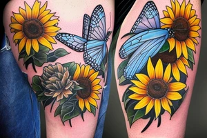 blue monarch butterfly landing near a sunflower located on a man's inner forearm. + more masculine + colored sunflower with black and white butterfly tattoo idea