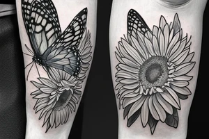 blue monarch butterfly landing near a sunflower located on a man's inner forearm. + more masculine + colored sunflower with black and white butterfly tattoo idea