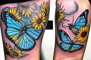 blue monarch butterfly landing near a sunflower located on a man's inner forearm. + more masculine + colored sunflower with black and white butterfly
More ideas tattoo idea