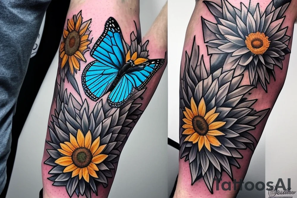 blue monarch butterfly landing near a sunflower located on a man's inner forearm. + more masculine + colored sunflower with black and white butterfly
More ideas tattoo idea