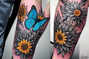 blue monarch butterfly landing near a sunflower located on a man's inner forearm. + more masculine + colored sunflower with black and white butterfly
More ideas tattoo idea