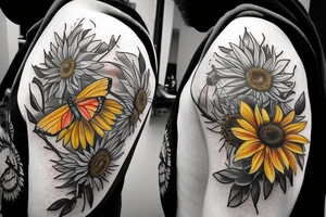blue monarch butterfly landing near a sunflower located on a man's inner forearm. + more masculine + colored sunflower with black and white butterfly
More ideas tattoo idea