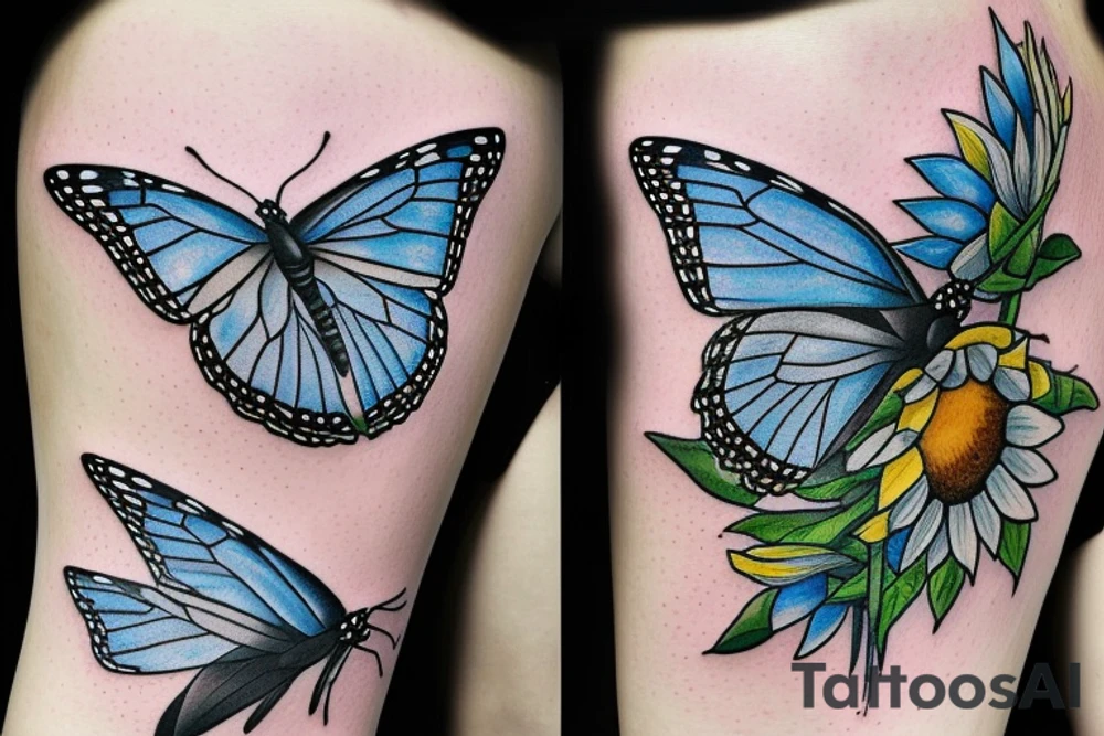 blue monarch butterfly landing near a sunflower located on a man's inner forearm. + more masculine + colored sunflower with black and white butterfly
More ideas tattoo idea