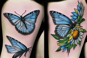 blue monarch butterfly landing near a sunflower located on a man's inner forearm. + more masculine + colored sunflower with black and white butterfly
More ideas tattoo idea